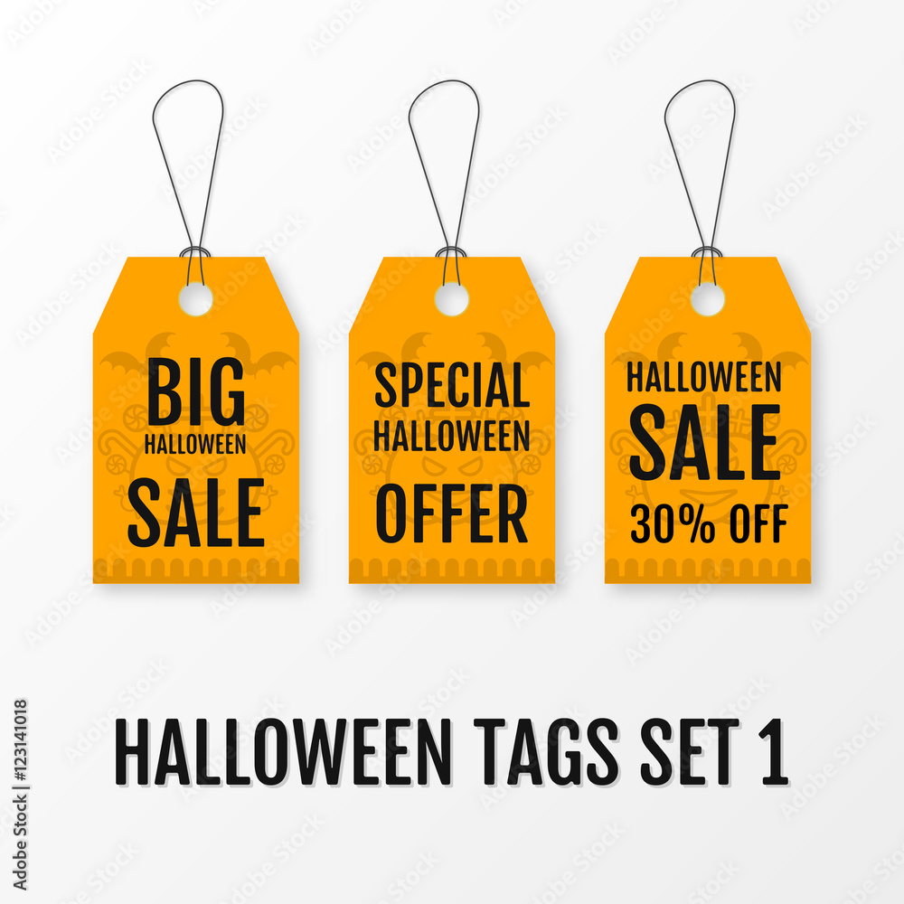 Halloween big sale tags set vector isolated templates. Sale sticker with special advertisement offer. Special offer tag with pumkin bats, candies and graves. Illustration for 31 october