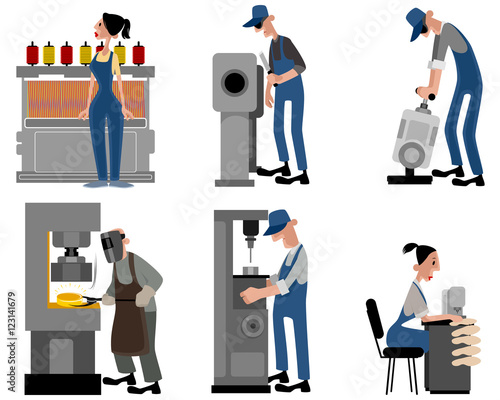 Six workers with machines