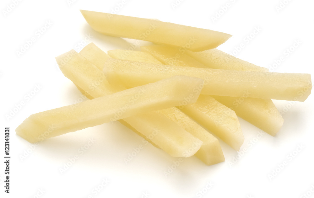 Raw Potato sliced strips prepared for French fries isolated on w