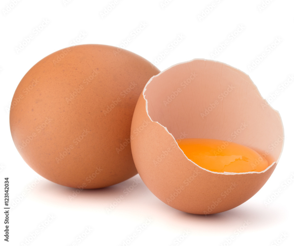 Broken egg in eggshell half and raw egg isolated on white backgr Broken egg in eggshell half and raw egg isolated on white backgr