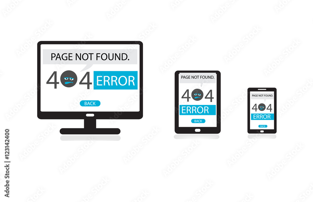 Responsive web design, 404 Error page not found on computer, tablet, mobile phone screen. Internet link error sign.