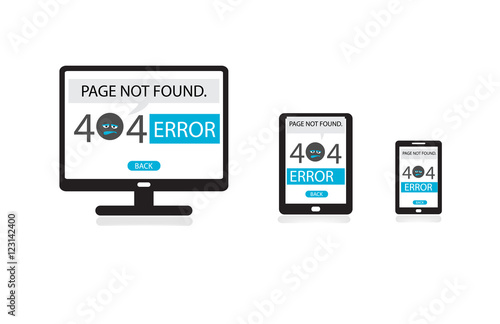 Responsive web design, 404 Error page not found on computer, tablet, mobile phone screen. Internet link error sign.