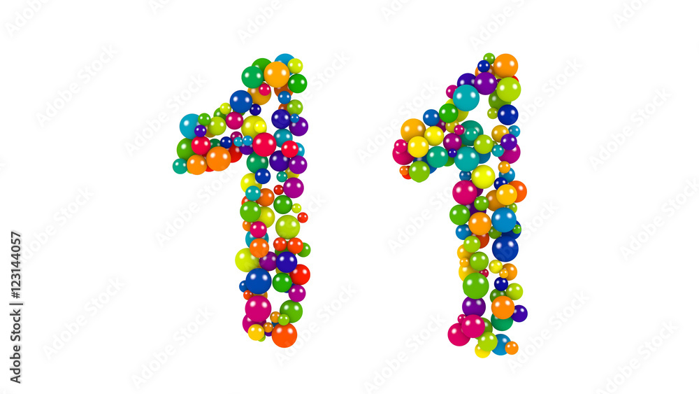 Bright colored balls in the shape of number eleven