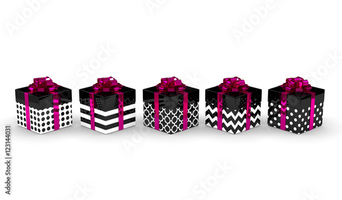 3d rendering of black gift boxes with pink ribbons isolated over