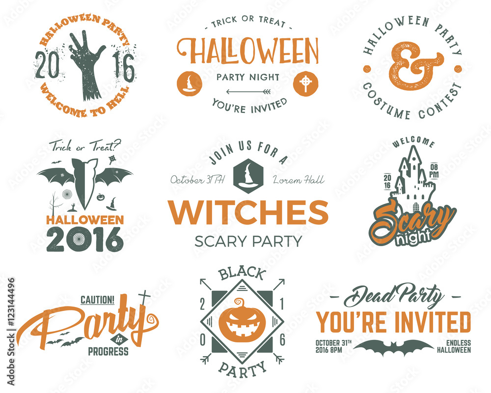 Halloween 2016 party labels templates with scary symbols - zombie hand, witch hat, bat, pumpkin and typography elements. For party posters, flyers, invitations, cards, t shirt, tee web, other identity Halloween 2016 party labels templates with scary symbols - zombie hand, witch hat, bat, pumpkin and typography elements. For party posters, flyers, invitations, cards, t shirt, tee web, other identity