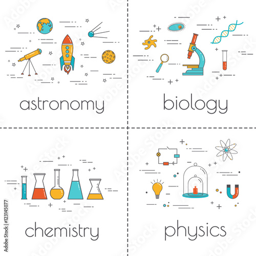 Set of line art icons. Educational and science concept. Colorful illustration of school subjects.