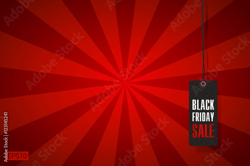 Black Friday Sale, clothing tag, red rays background, vector design