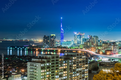 Beautiful Panorama Aerial Night View cityscape of Hakata at Nigth in Fukuoka  Japan.