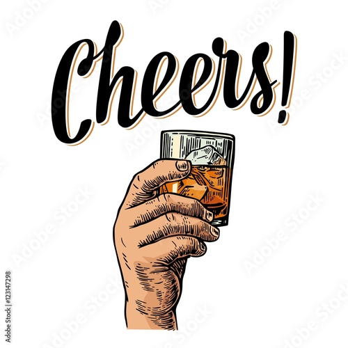 Male hand holding a glass with whiskey and ice cubes. Vintage vector engraving illustration for label, poster, invitation to a party