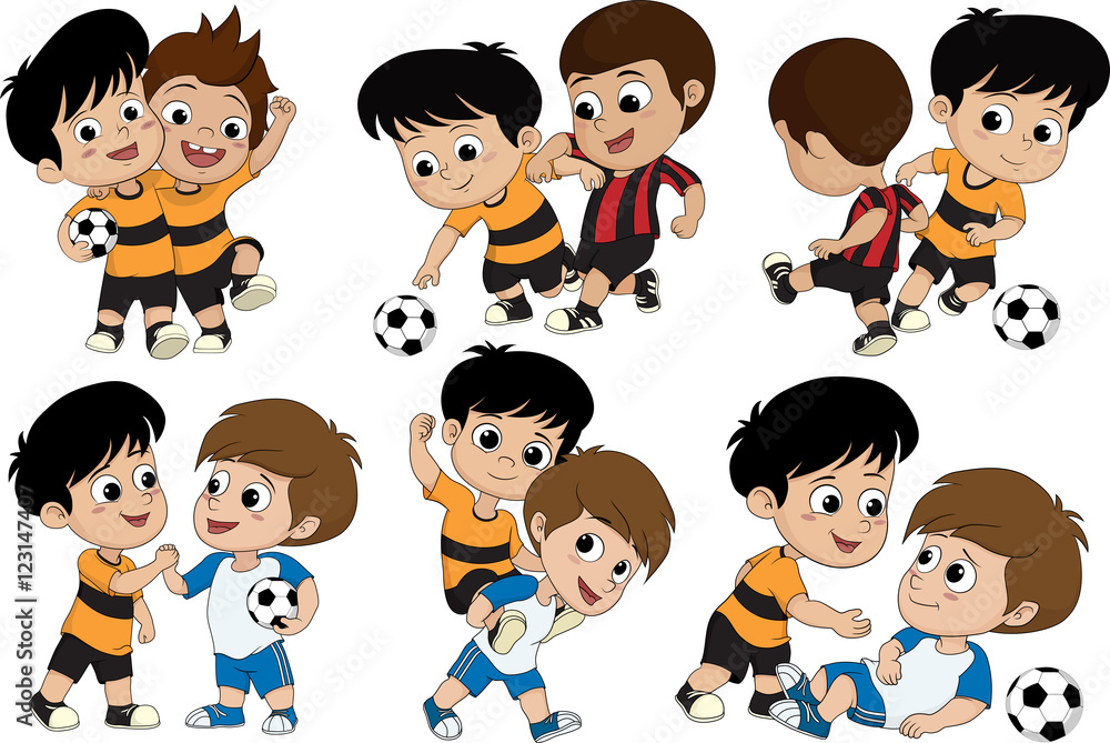 Set of Cute kid played football with friends. Set of Cute kid played football with friends.