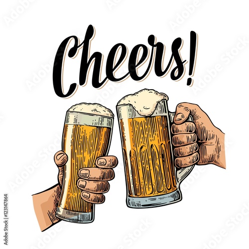 Two hands holding and clinking with two beer glasses mug