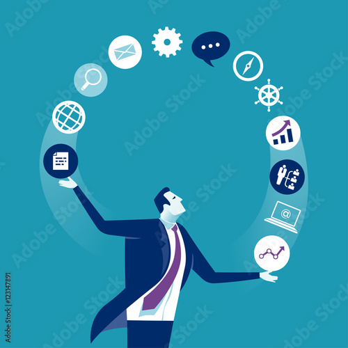 Acrobat. Businessman juggling business icons. Concept business vector illustration