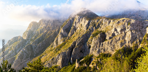 High mountains covered with greenery  in the clouds