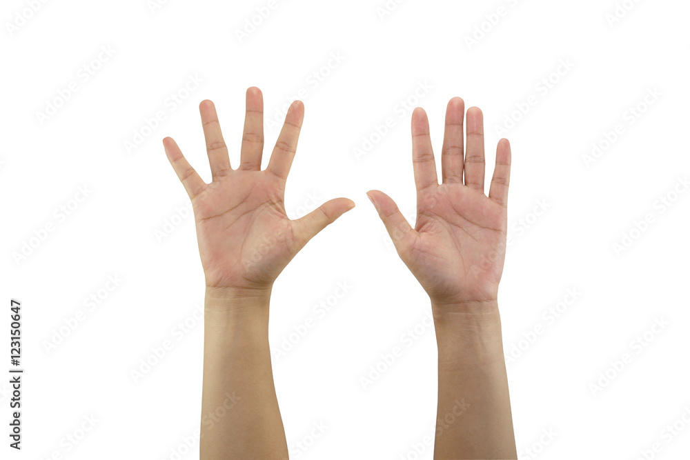 Woman hand making sign and hold out two hand isolated on white b Woman hand making sign and hold out two hand isolated on white b