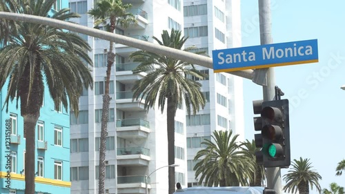Santa Monica sign on a traffic light pole, palm trees in the background