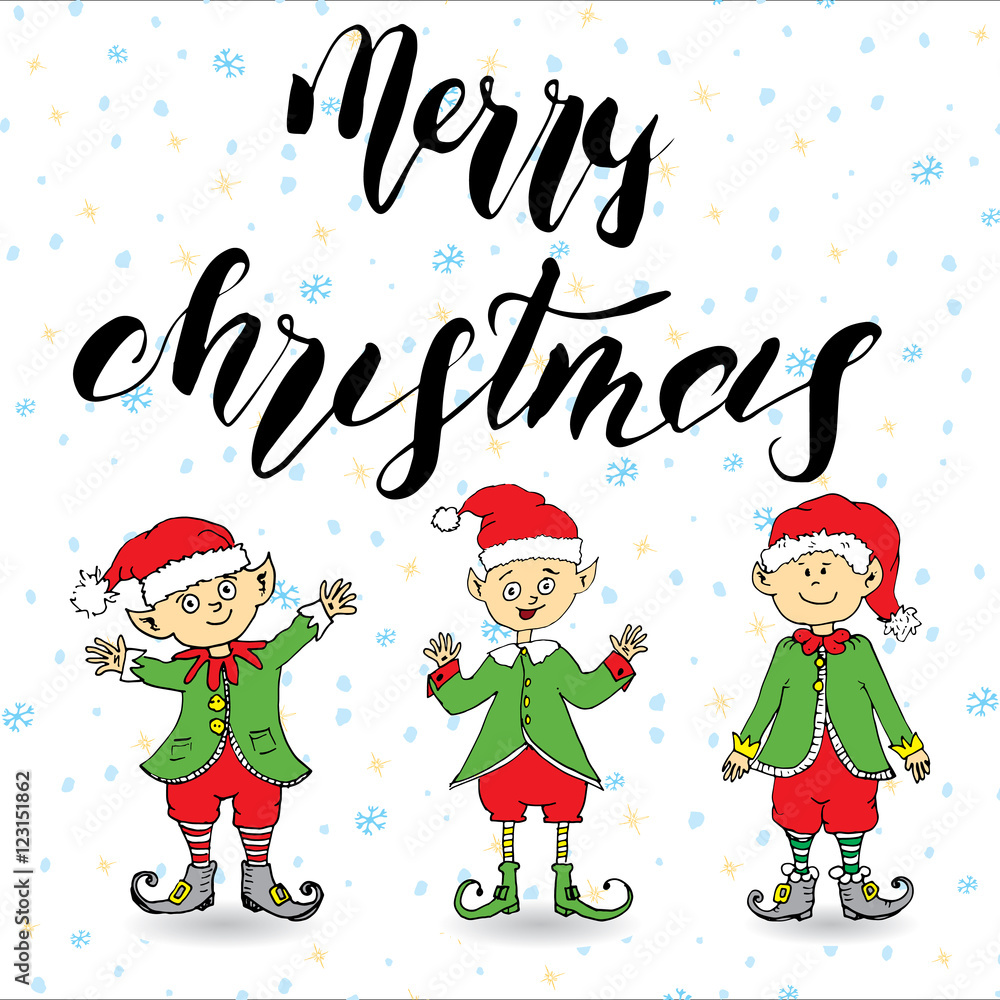 Merry Chistmas lettering. Hand drawn vector illustration with elfs.