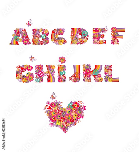 Hippie alphabet with abstract colorful flowers, rainbow and mushrooms . Part1