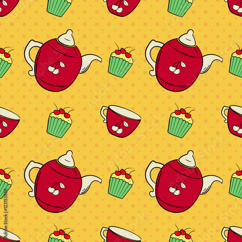 Seamless pattern with cupcakes and tea cups