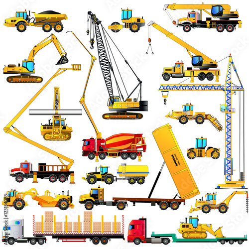 Color set of heavy construction machines icons, on white