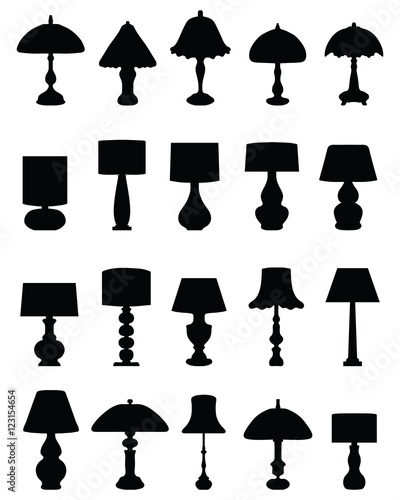 Black silhouettes of lamps and lighting, vector