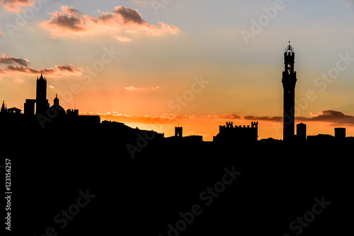 Silhouette of the city of Siena at sunset