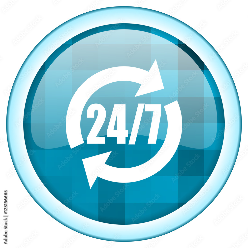 Blue circle 24/7 vector icon. Round internet service glossy button. Webdesign graphic element. Blue circle 24/7 vector icon. Round internet service glossy button. Webdesign graphic element.