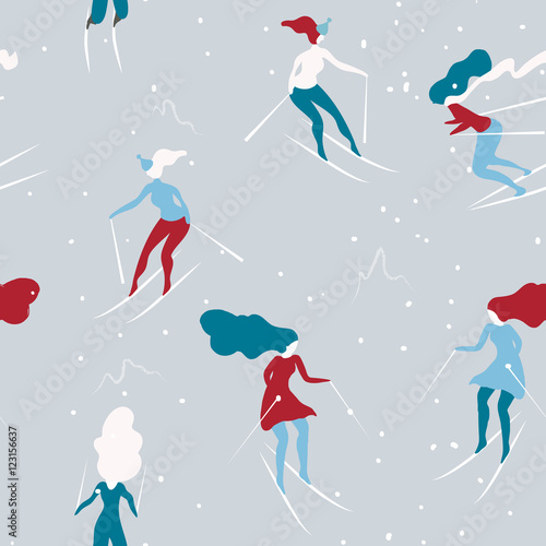 Winter seamless pattern with skiers. Cartoon girls skiing. Background great for wrapping paper and wallpapers.