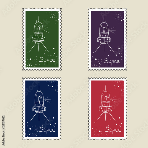 Retro cosmos stamps. Set of vector postage stamps. Set of sputni