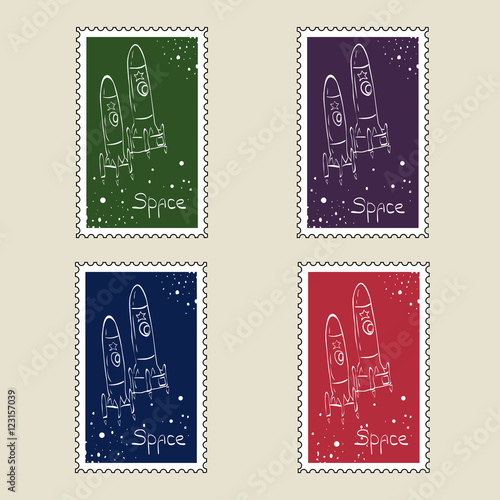 Retro cosmos stamps. Set of vector postage stamps. Set of sputni