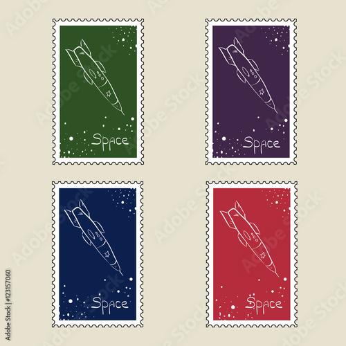 Retro cosmos stamps. Set of vector postage stamps. Set of sputni