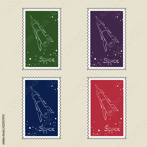 Retro cosmos stamps. Set of vector postage stamps. Set of sputni