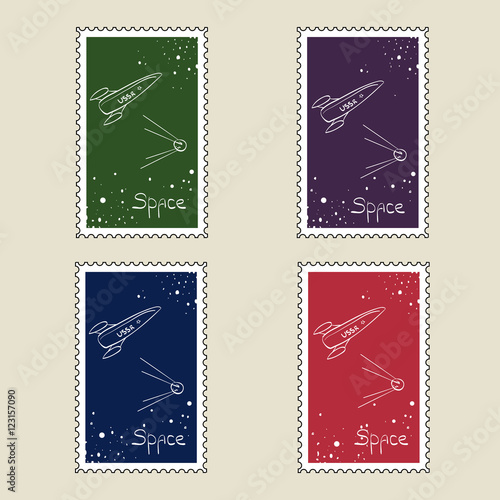 Retro cosmos stamps. Set of vector postage stamps. Set of sputni