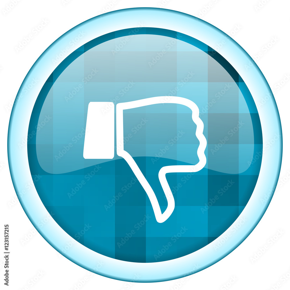 Blue circle vector dislike icon. Round internet glossy unlike button. Web design graphic element. 