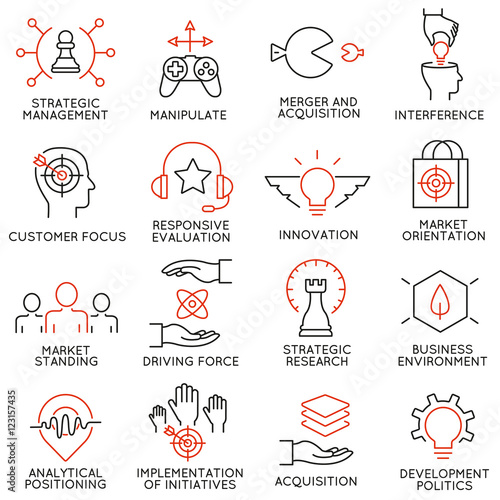 Vector set of 16 icons related to business management, strategy, career progress and business process. Mono line pictograms and infographics design elements - part 40
