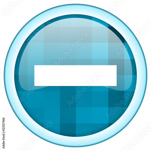 Blue circle vector minus icon. Round internet  glossy button. Webdesign graphic element. 