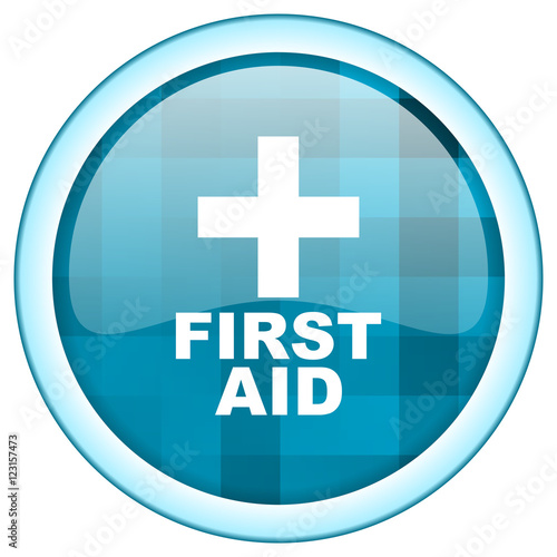 Blue circle vector first aid icon. Round internet  glossy emergency button. Webdesign graphic element. 