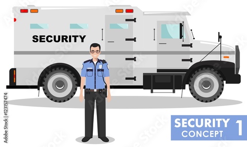 Security concept. Detailed illustration of armored car and security guard on white background in flat style. Vector illustration.