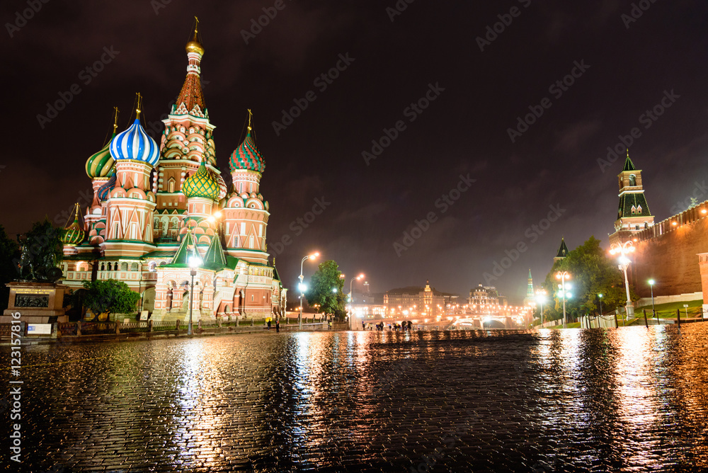 Saint Basil's Cathedral in Red Square in summer during a rainy d