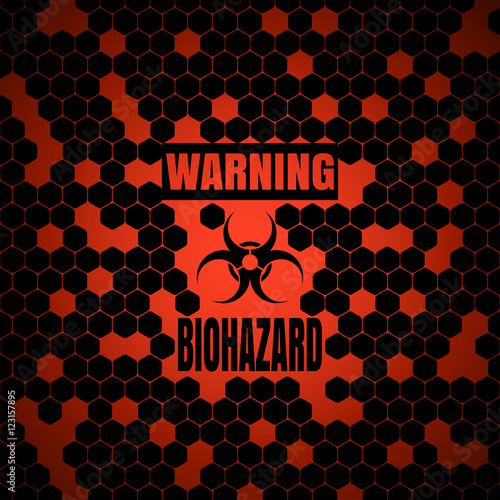 Vector poster of biohazard warning on the red gradient background with hexagon shapes.