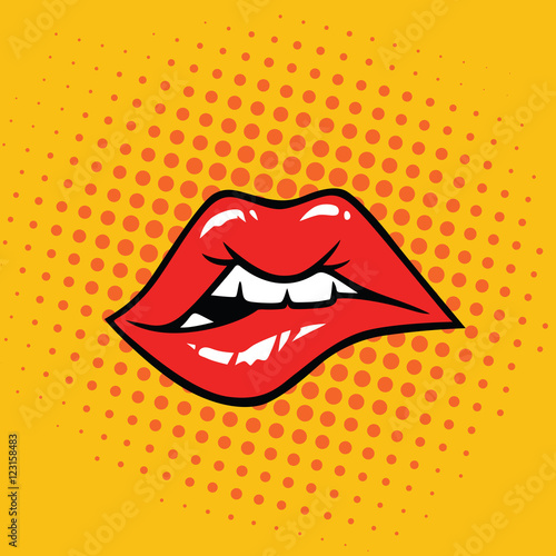 Sexy Biting Lips Pop Art Vector Illustration