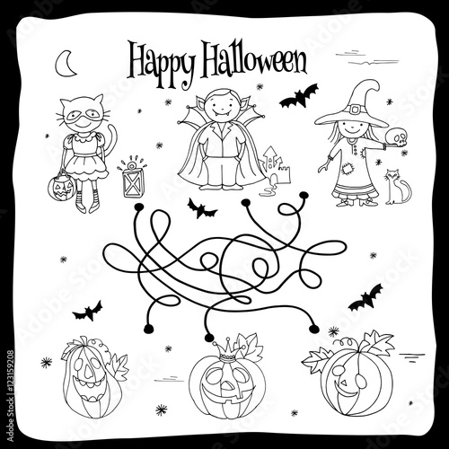Happy Halloween coloring sheet with labyrinth, kids in costumes and pumpkins, hand drawn vector illustration