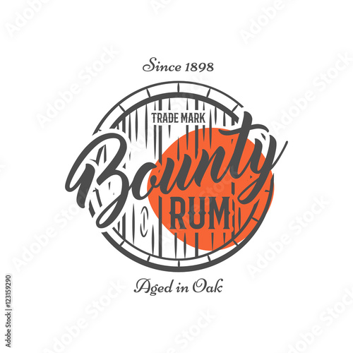 Vintage handcrafted label, emblem with old barrel and vector sign - bounty rum. Sketching filled style. Retro design for advertising, tee, t shirt prints. Isolate on white and red shape. Vector