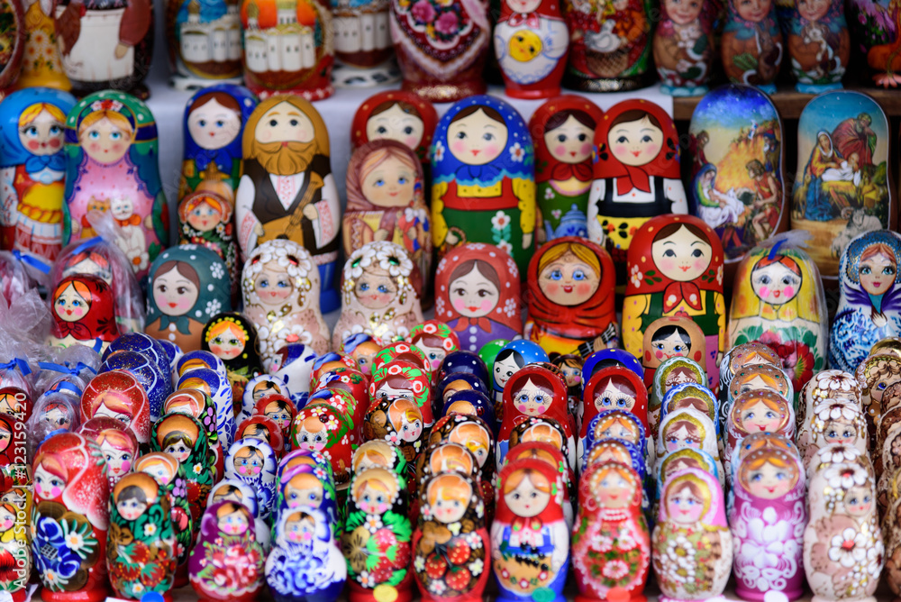 Colorful Matryoshka dolls at the market.