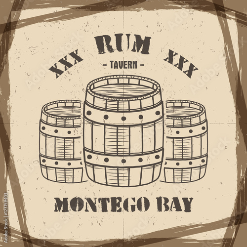 Vintage handcrafted poster template with old barrels and vector sign - rum, montego bay. Sketching filled style. Retro design for banner, flyer. Isolated on old paper background. Vector