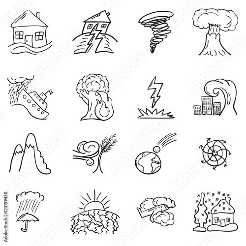 Natural Disasters Hand-drawn Doodle Icon Set 