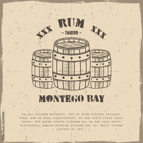 Vintage handcrafted poster template with old barrels and vector sign - rum, montego bay. Sketching filled style. Retro design for banner, flyer. Isolated on old paper background. Vector