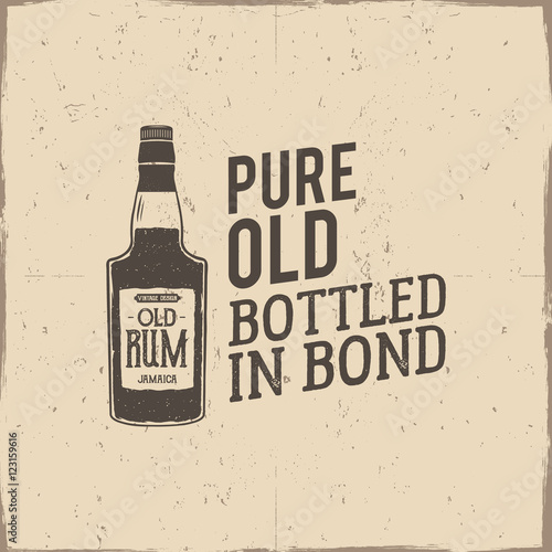 Vintage handcrafted label, emblem with old rum bottle and vector slogan - pure old bottled in bond. Sketching filled style. Typography design for advertising, tee. Isolated on scratched paper. Vector