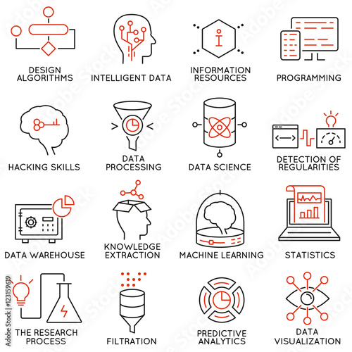 Vector set of 16 icons related to business and data management  analytic service and data science. Mono line pictograms and infographics design elements - part 2