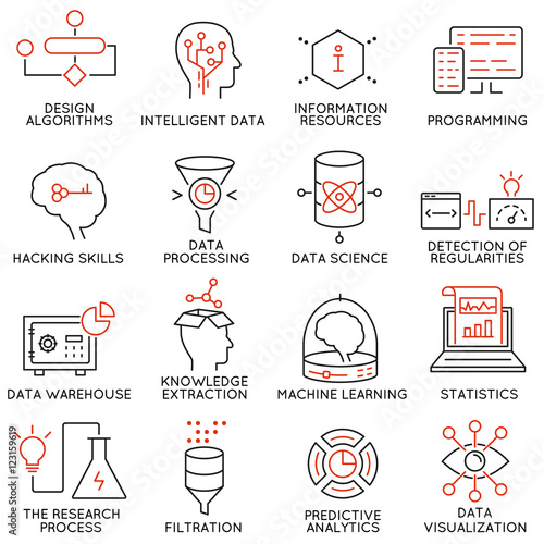Vector set of 16 icons related to business and data management, analytic service and data science. Mono line pictograms and infographics design elements - part 2