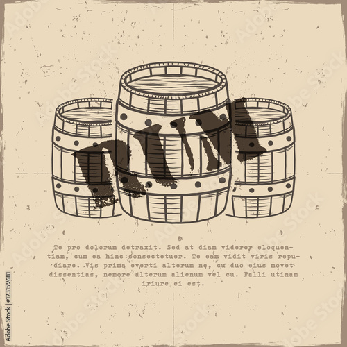 Vintage handcrafted poster template with old barrels and vector sign - rum. Sketching filled style. Retro design for banner, flyer. Isolated on old paper background. Vector
